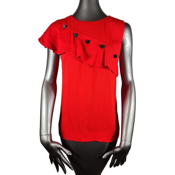 Maje NWT Red Top Black Buttons Ruffle Sleeve Blouse 2 - Picture 1 of 5
